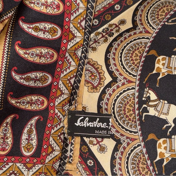 Vintage Salvatore Ferragamo Silk Equestrian And Paisley Themed Scarf 16.5”x16.5” - Picture 8 of 10